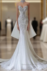 Princess Mermaid Sweetheart White Tulle Long Wedding Dresses Brides Dress